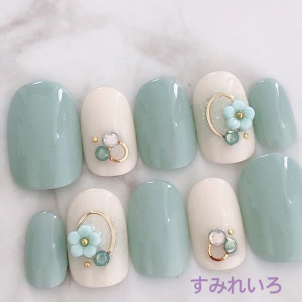 Nail tip bridal coming-of-age ceremony false nails blue short long simple present mother nail spring summer short nails small nails large nails berry short chibi nails false nails gel nails pastel blue x ivory flower deco