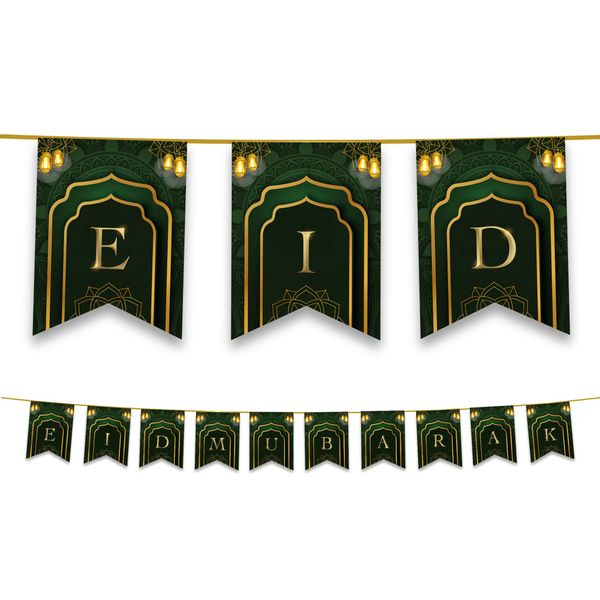 Happy Eid Mubarak Bunting Party Flags - Eid Decorations - Decor Banner Partyware - (Green Gold Lanterns)