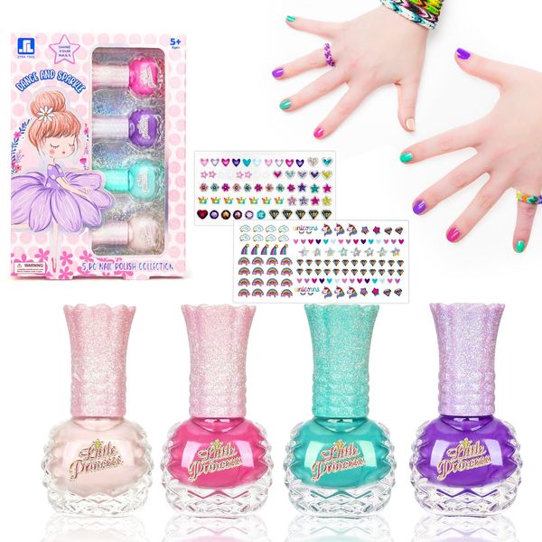 Smalto per unghie per bambini, atossico, set da 4, smalto sfoderabile appositamente per bambini, esfoliante, rosa, glitter, rosa nudo, verde, viola, 10 ml