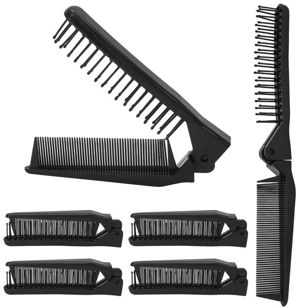 Qjaiune 6 PCS Travel Foldable Brush Comb Portable Folding Comb, Anti-Static Hair Comb Mini Pocket Comb, Double Headed Hair Brush Hairdressing Tools Plastic Folding Comb for Men Women (Black)