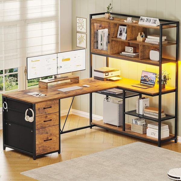 L Shaped Computer Desk, 58'' Office Desk with 3 Drawers, Bookshelf and LED Light