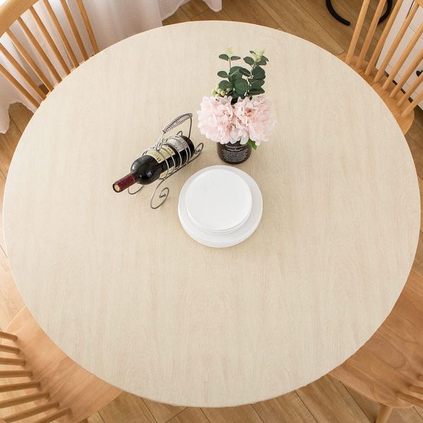 LIBERECOO Round Vinyl Fitted Tablecloth with Flannel Backing Elastic Edge Plastic Table Cover - Cream Wood - Waterproof Table Cloth Stain-Resistant Wipeable for 40"-44" Round Table