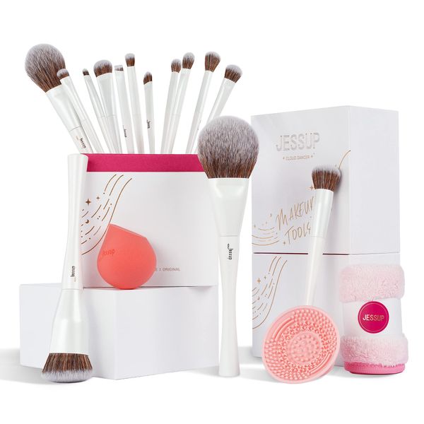 Jessup Makeup Brushes Set 14pcs Make up Brushes Highend Makeup Gift Set Includes Foundation Concealer Blush Contour Powder Eye Brush, Makeup Sponge, Makeup Brush Cleaner and Towel, Pearl White T333