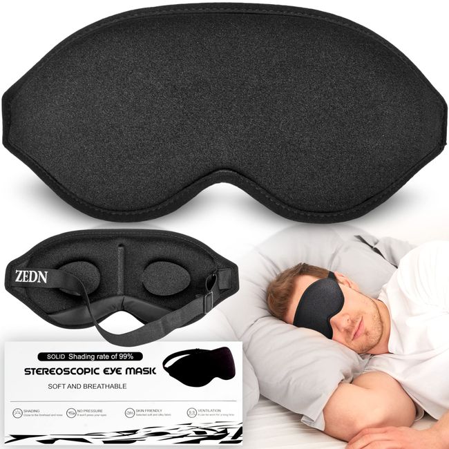 ZEDN Sleep Mask, Eye Mask, Soft & Comfortable Eye Mask for Sleeping, Zero Pressure 3D Sleep Mask with Adjustable Strap, 100% Blackout, Sleep Masks for Men & Women, Lightweight Blindfold, Black