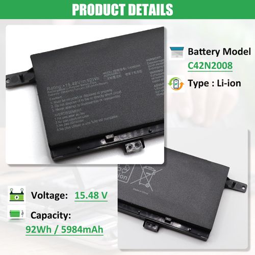 RHKRKQN C42N2008 Laptop Battery Replacement for ASUS ZenBook Pro Duo 15 OLED UX582 UX582L UX582LR UX582HM UX582HS UX582LR-H2002R UX582LR-BP1979R UX582LR-H2002TS H2003R UX582LR-H2017T 15.48V 92Wh