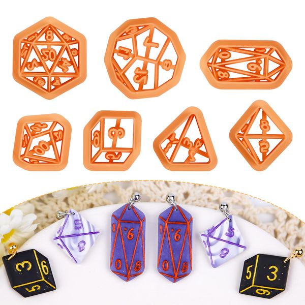 Puocaon Dice Polymer Clay Cutters - 7 Pcs Clay Cutters for Polymer Clay Earrings, Icosahedron Embossed Clay Cutters for Earrings Jewelry, Polyhedral-Flat Dice Clay Earring Cutters Clay Jewelry