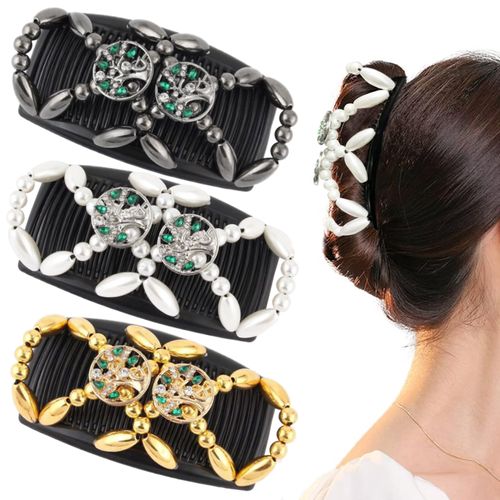 TPTGIAR 3 PCS Beaded Hair Clips, Elastic Hair Combs Slides for Women, Fashion Hair Accessories for Women, Magic Double Sided Hair Slides for Women For Daily Hair Dressing and Styling