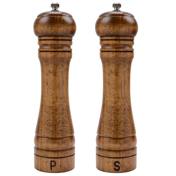 Haomacro Salt and Pepper Mill Set, Wooden Salt and Pepper Grinders, Shakers with Ceramic Core- 8 Inches -Pack of 2