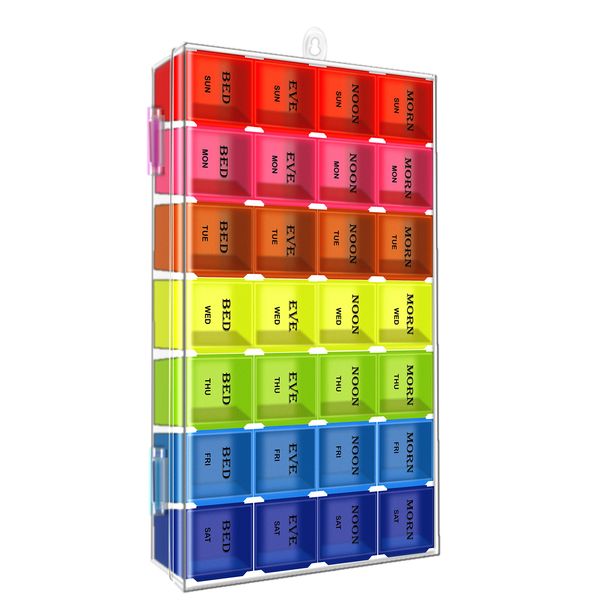 7 Days Pill Organizer Tablet Box Weekly Medication Case Daily AM Morning Noon PM Night Backup Container Compartments Detachable Dispenser (28 Compartments)