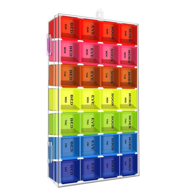 7 Days Pill Organizer Tablet Box Weekly Medication Case Daily AM Morning Noon PM Night Backup Container Compartments Detachable Dispenser (28 Compartments)