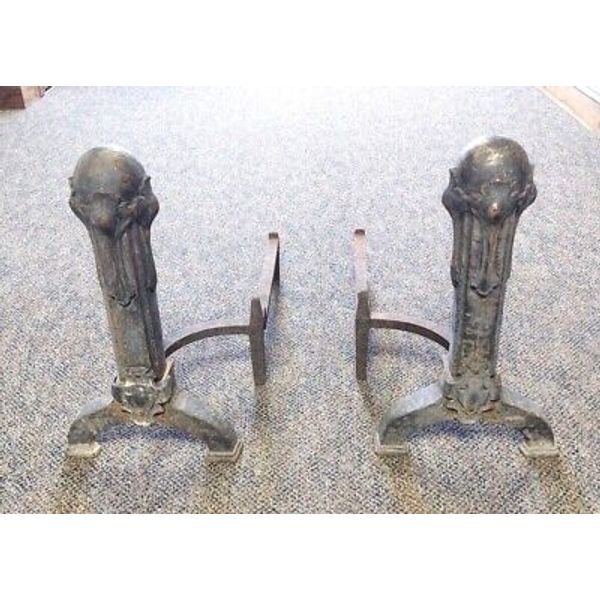 Pair of Heavy Fireplace Andiron Fire Dogs  17" Art Deco Pillar Holding Ball