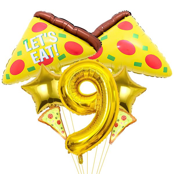 7pcs Pizza Balloons, Pizza Birthday Number Mylar Foil Balloon Pizza Slice Party Supplies Pizzaria Birthday Decorations (9th)