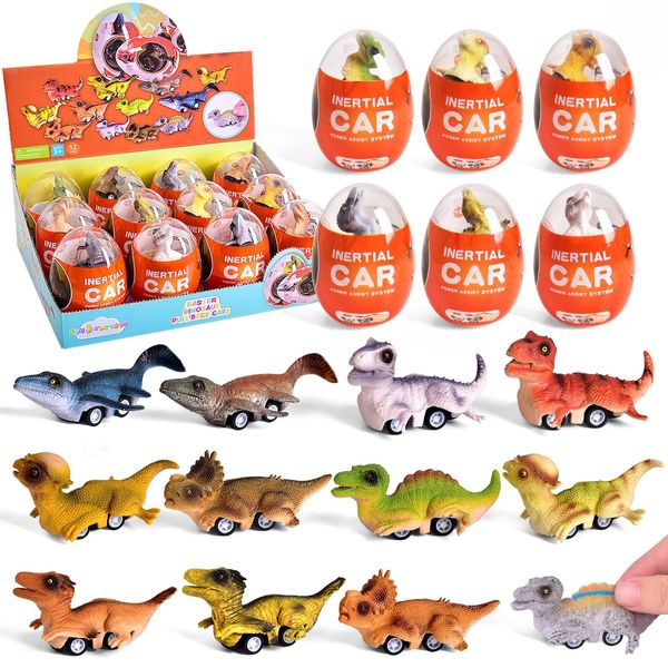 FUN LITTLE TOYS 12 Pack Dinosaur Cars Toys,Pull Back Cars Dinosaur Toys for Kids 3-5 Toddler Boy Girl, Car Toys for Age 3 4 5 6 7 Brithday Gift Goodie Bags Party Favors, Car Toy Play Set