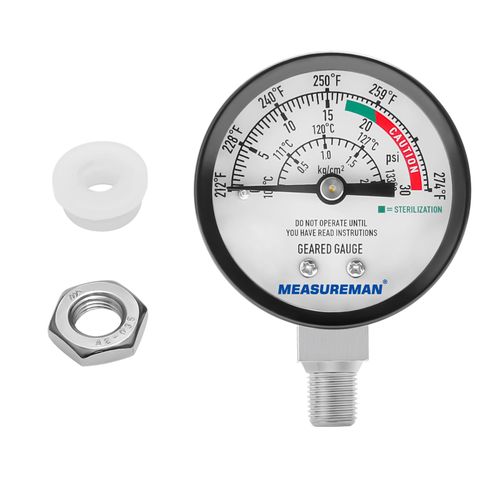 MEASUREMAN Black Steel Pressure Cooker Gauge, Pressure Canner Gauge, Steam Pressure Gauge, 2" Dial, Lower Mount, Including Hexagon Gasket and Nut