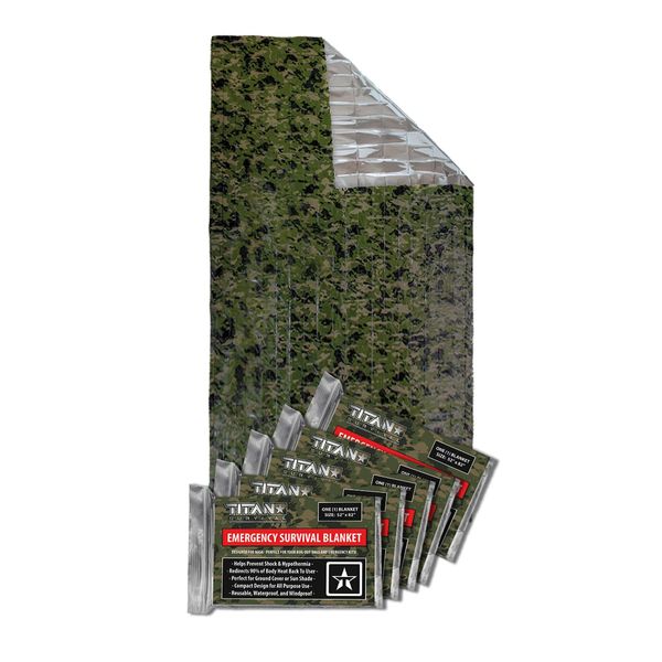 TITAN Survival Emergency Mylar Camo Survival Blankets, Two-Sided, 5-Pack (SHROWD® Woodland CAMO)