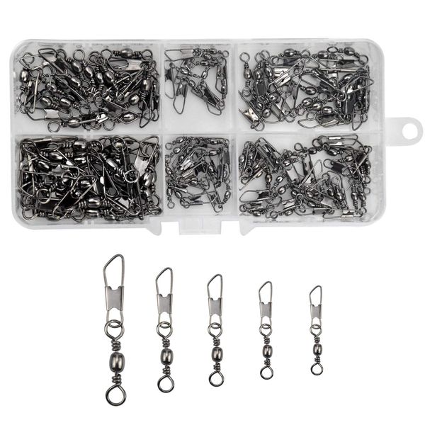 AvoDovA 100PCS Fish Fishing Barrel Swivel with Safety Snap Interlock Snaps High Strength Tackle, Fishing Swivel Snaps Kit Solid Barrel Swivel with Safty Snap Connector Fishing Size 6# 8# 10# 12# 14#