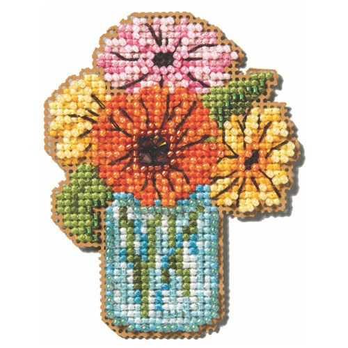 Mill Hill Mason Jar Bouquet Beaded Counted Cross Stitch Ornament Kit 2025 Spring Bouquet MH182511, 2.5 inches x 3.25 inches, Multi