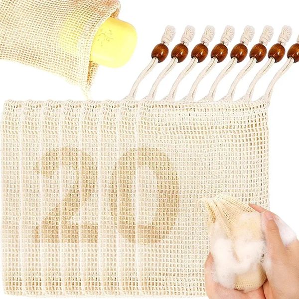 Arimilk 20 Pack Soap Bags, soap saver bag，Natural Cotton Linen Soap Saving Bags Mesh Plastic Free Exfoliating Foaming and Drying Shower Soap Holder (Coffee colored beads)