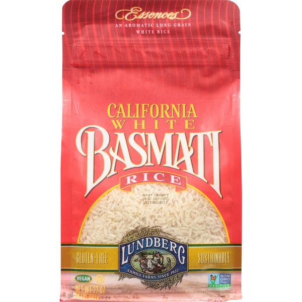 Lundberg Family Farms - California White Basmati Rice, Pleasant Aroma, Fluffy Texture, Won't Clump When Cooked, Pantry Staple, Non-Sticky, Gluten-Free, Non-GMO, Vegan, Kosher (32 oz)