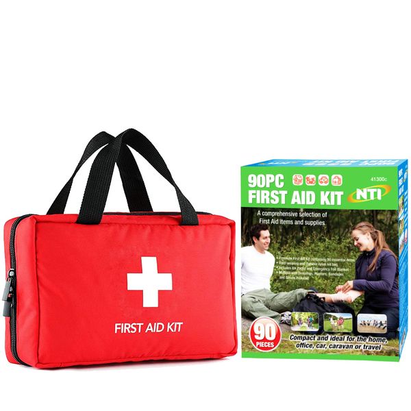 90 PCS First AID KIT Medical Emergency Home Office Travel Camping CAR Taxi Boat Caravan Work RED Bag Tape Blanket Dressing ICE Pack UK Free P&P