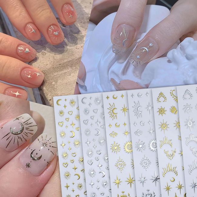 6 Sheets Star Nail Art Stickers 3D Self-Adhesive Gold Silver Sun Moon Nail Stickers Heart Nail Decals Nail Art Supplies Designs Star Moon Sun Nail Charm for Women Girls Acrylic Manicure Decorations