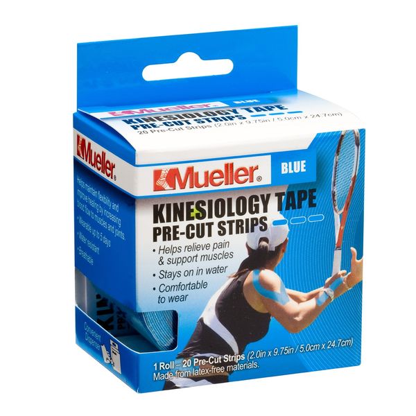 Mueller Sports Medicine Kinesiology Tape Pre-Cut Strips, Blue, 20 Strips (2" x 9.75" each)