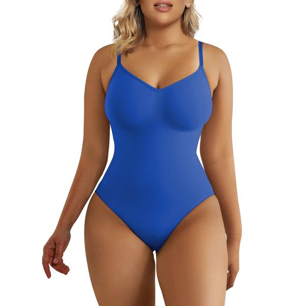 SHAPERX Bodysuit for Women Seamless Body Shaper Tummy Control Shapewear Thong Adjustable Strap, UK-SZ5215-Palace Blue-4XL/5XL