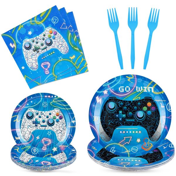 WERNNSAI 64PCS Video Game Party Supplies Set Gaming Party Decorations Disposable Party Dessert Plates Napkins Forks Tableware Set for Boys Gamer Birthday Party Gamepad Decor Serves 16 Guests