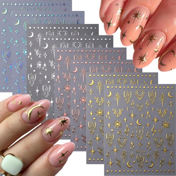 8 Sheets Moon Star Nail Art Stickers Decals Aurora Gold Nail Stickers 3D Self-Adhesive Nail Decals Silver Nail Supplies Moon Nail Art Design Decoration Accessories for Women and Girls