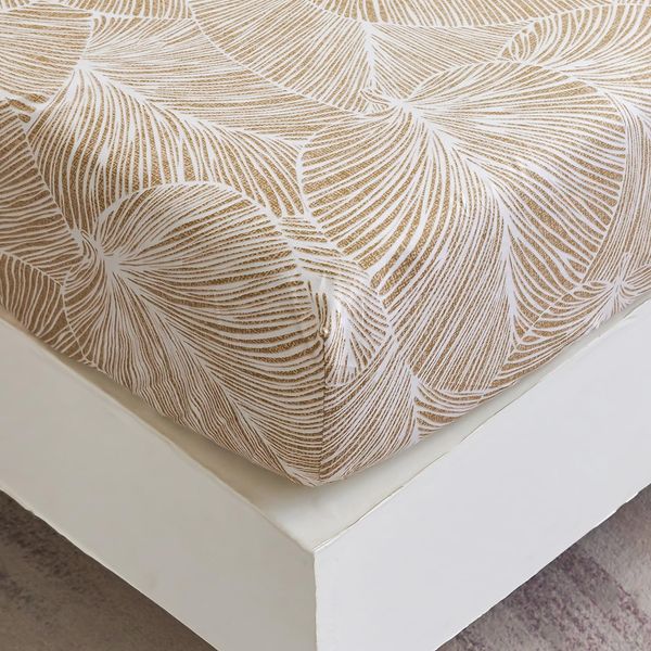 Jemiipee Double Fitted Sheet Beige Tropical Leaves Pattern, 30 cm Deep Pocket, Soft Microfiber Botanical Fitted Bed Sheets