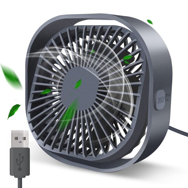 Desk Fan Portable Personal Table Small Desktop Cooling 3 Speeds Quiet Mini With Cable Powered by USB 360° Rotation Micro Fan for Home Office Bedroom Car Outdoor Camping Travel (grey)