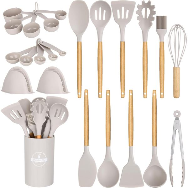 24 Pcs Kitchen Cooking Utensils Set, Heat Resistant Non-Stick Set wooden handle