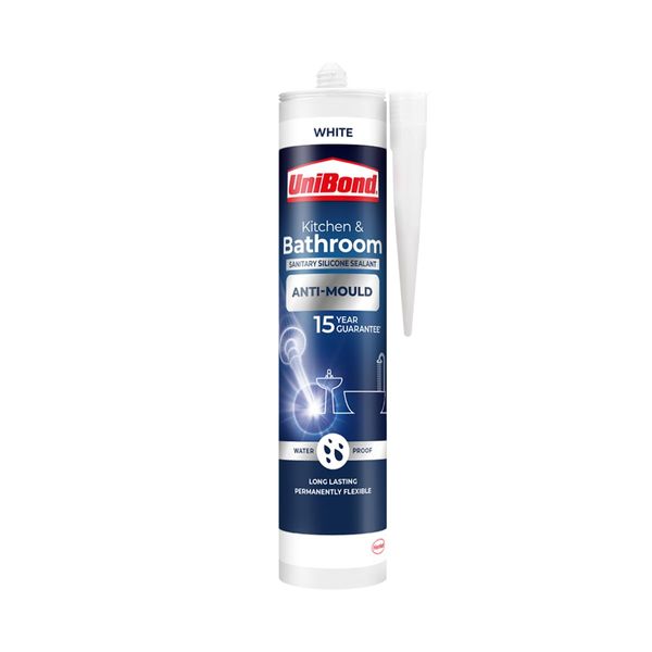 UniBond Anti-Mould White, Waterproof Mould Protection Kitchen & Bathroom Sealant, Long-lasting White Silicone Sealant, Powerful Shower Sealant, 1 x 274g Cartridge