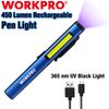 WORKPRO USB Rechargable Pocket Pen Light LED Flashlight UV Black Light 450 Lumen
