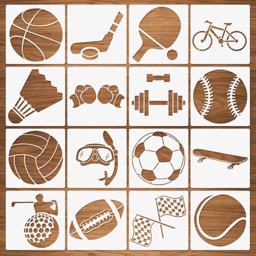 Sports Stencils, 16 Pcs Sports Ball Stencils, Football Basketball Golf Soccer Baseball Racing Diving Reusable Plastic Template for Painting on Wood Drawings Woodburning Canvas DIY Decor 4"x4"