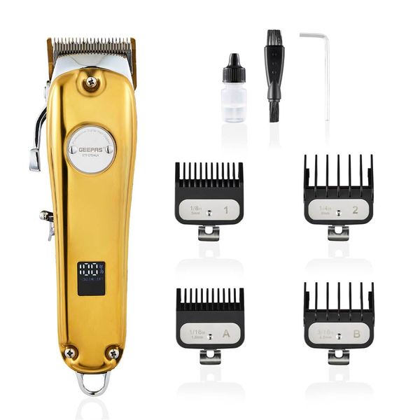 Geepas Professional Hair Clipper | Digital Electric Stubble Beard Trimmer, Hair Clipper | LCD Display, Corded & Cordless Electric Hair Clipper Smooth | Lithium Rechargeable Battery, Gold