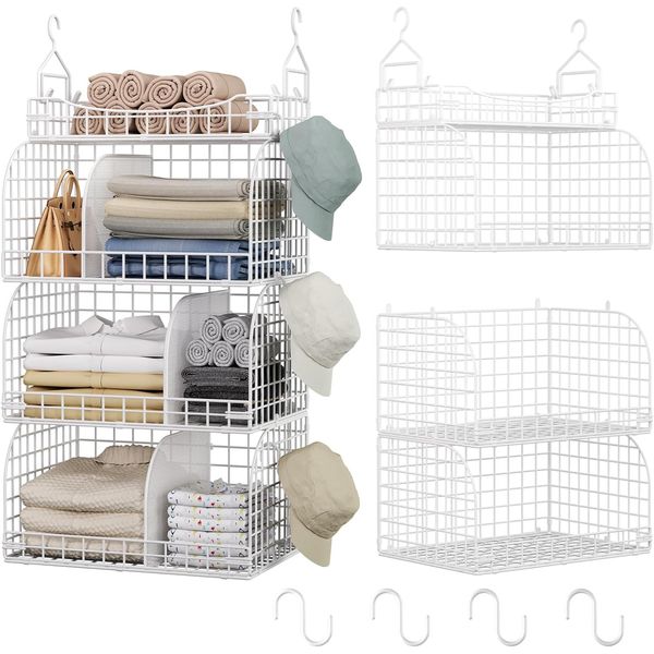 Hanging Closet Organizer Storage - 3 Tier Metal Stackable Hanging Closet Shelves