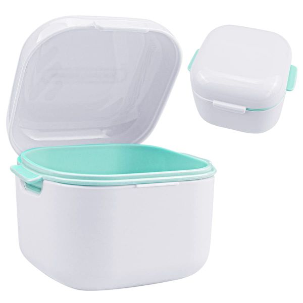 Denture Soak Container, Portable Denture Bath Box Cup, No-Leak Denture case,Retainer Cleaning Box Complete Clean Care for Dentures, Clear Braces, Mouth Guard, Night Guard & Retainers(White)