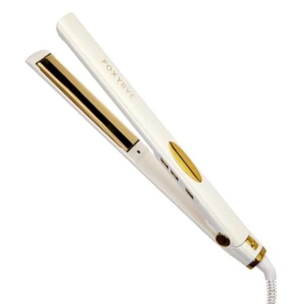 FoxyBae Trés Sleek Titanium Flat Iron Hair Straightener - Frizz-Free, Shinier & Smoother Hair - Dual Voltage Hair Styling Tools - w/LCD Display, Temperature Control, Auto Shut-Off 1" [Pearl Gold]