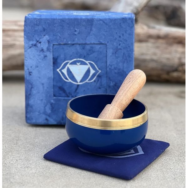 DharmaObjects Tibetan Third Eye Chakra Premium Palm Size Singing Bowl Gift Box Set
