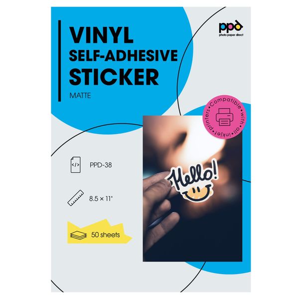 PPD 50 Sheets Inkjet Creative Media Matte Self Adhesive Vinyl Sticker Paper 8.5x11 PREMIUM Commercial Grade 4.7mil Thick Full Sheet Photo Quality Instant Dry Scratch and Tear Resistant (PPD-38-50)