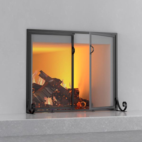 Fireplace Screen with Hinged Doors, Powder Coated Steel Frame, Metal Mesh, Handc