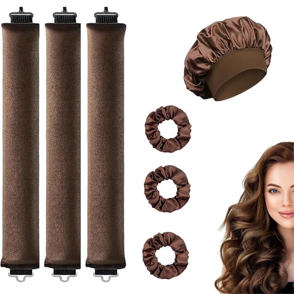 7 Pcs Heatless Curling Rods Set, Heatless Blowout Rods, Overnight Blowout Rods, Heatless Curling Set for All Hairs Types,Overnight Hair Curlers For Long Medium Hair (Brown)