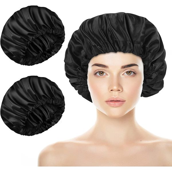 Satin bonnet colorfast Bonnet with Wide Elastic Band,Satin Bonnets Elastic Hat Soft Sleeping Head Cover for Night (2 Pack)