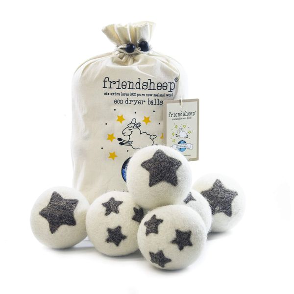 Wool Dryer Balls by Friendsheep 6 Pack XL Organic Premium Reusable Cruelty Free Handmade Fair Trade No Lint Fabric Softener Star - "Stars Galore"