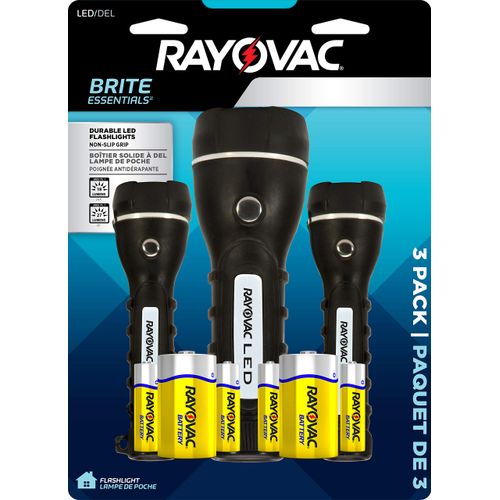 Rayovac LED Flashlight 3 Pack, Rubber Grip Flash Light Set with Batteries Included - Perfect for Power Outages, Emergency Situations, Camping, Hiking, Dog Walking (3 Pack)