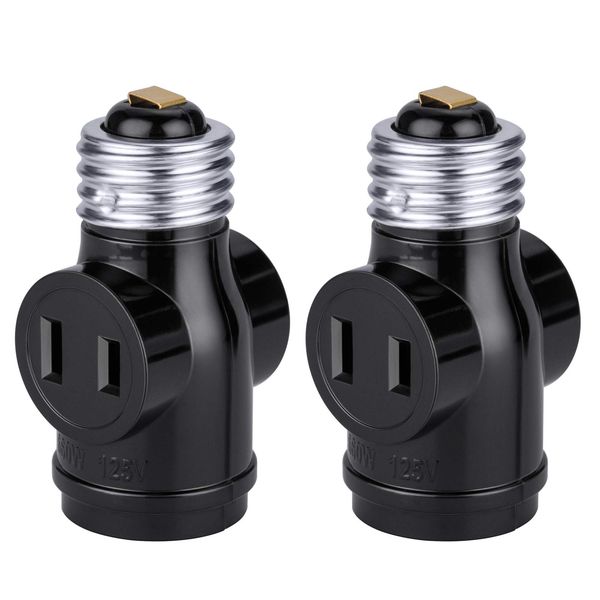 DiCUNO 1-Light 2-Way Socket for E26 + 2 Outlets, Black, Pack of 2