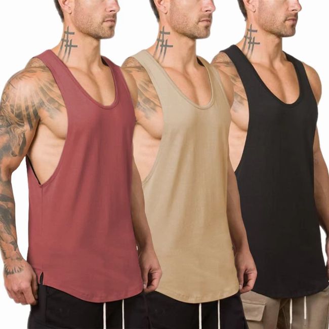 XYKJFIT 3er-Pack Herren Muscle Gym Workout Stringer Tank Tops Bodybuilding Fitness T-Shirts, Schwarz + Aprikose + Dunkelviolett, L