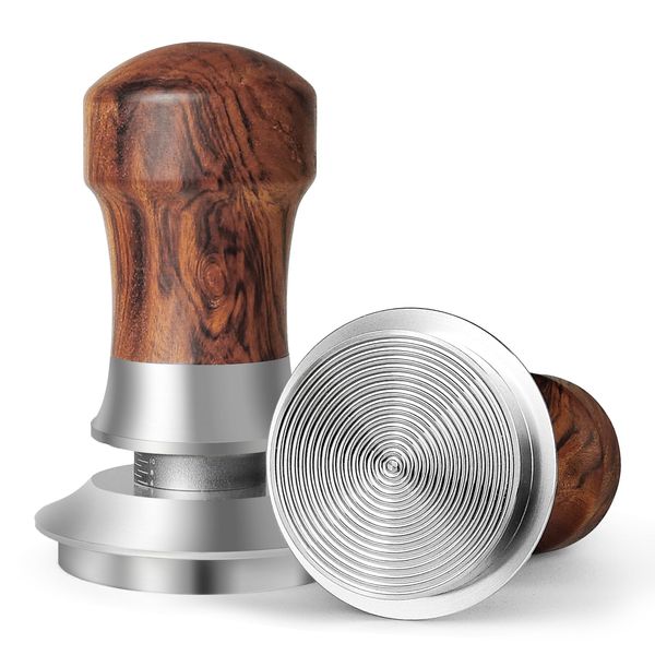 HOLIHOKY Coffee Tamper 58mm, Tamper Tool with Spring Loaded, Espresso Tamper with 304 Stainless Steel Threaded Base, Solid Wood Handle