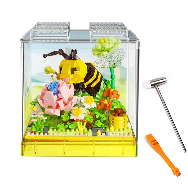 Flower & Insect Bouquets Building Toys - 801 PCS Bee Micro Building Blocks Kit with Dust Cover, Preserved Flower Home Decor Christmas New Year Birthday Great Gift for Mom/Lover/Women (Bee)